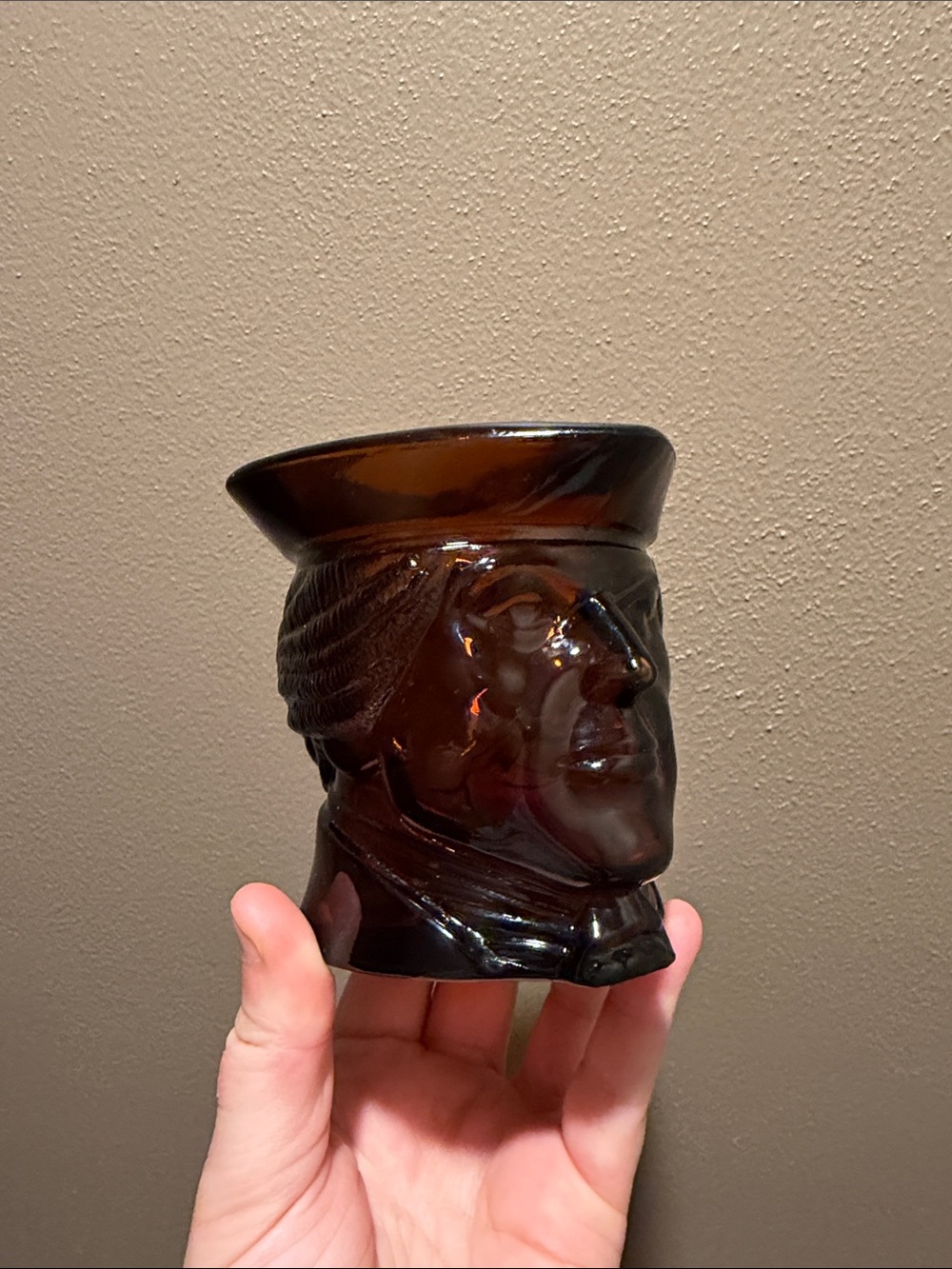 Vintage Avon Amber Glass Colonial Man Figural Glass Mug